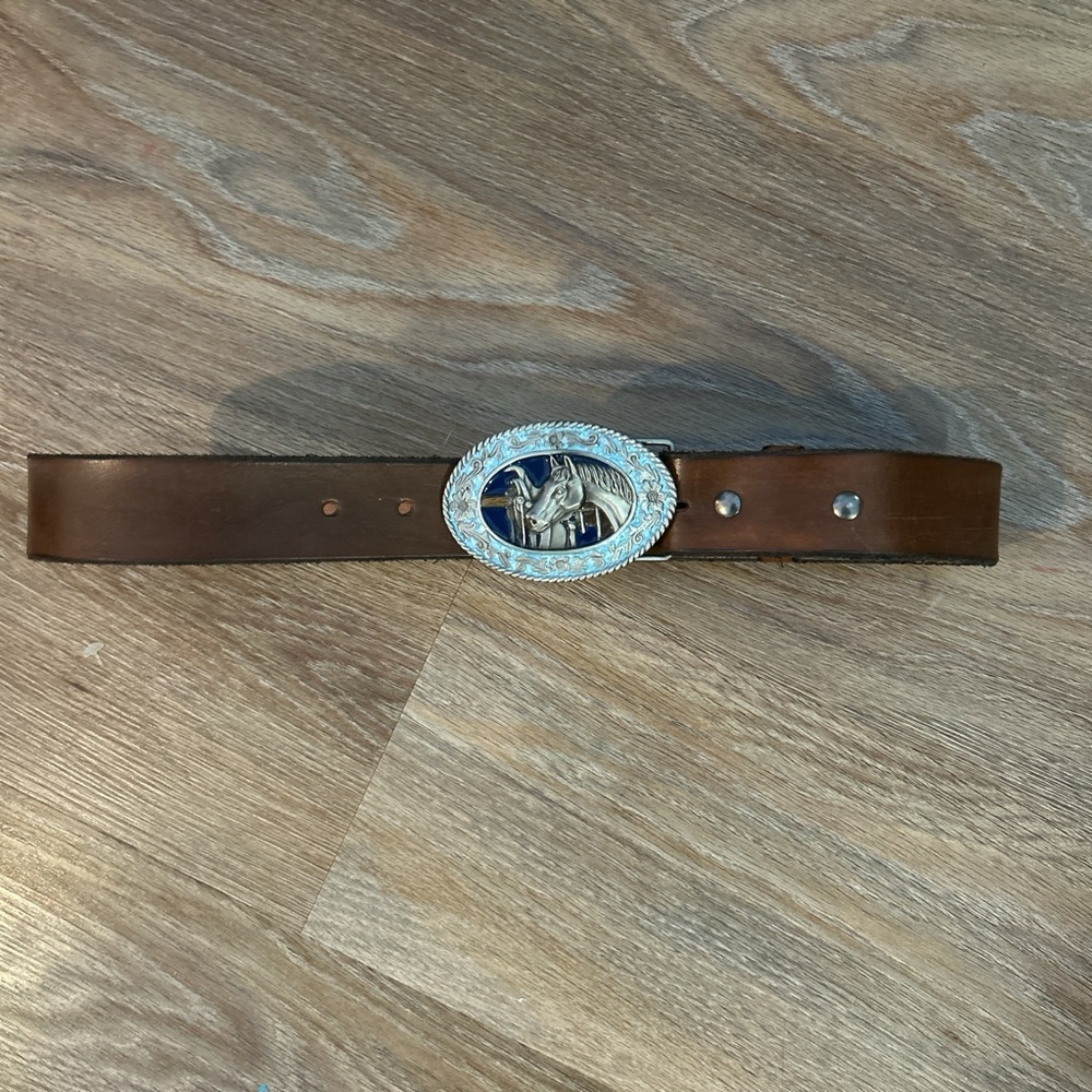 Brown Leather Belt with Silver Horse Buckle